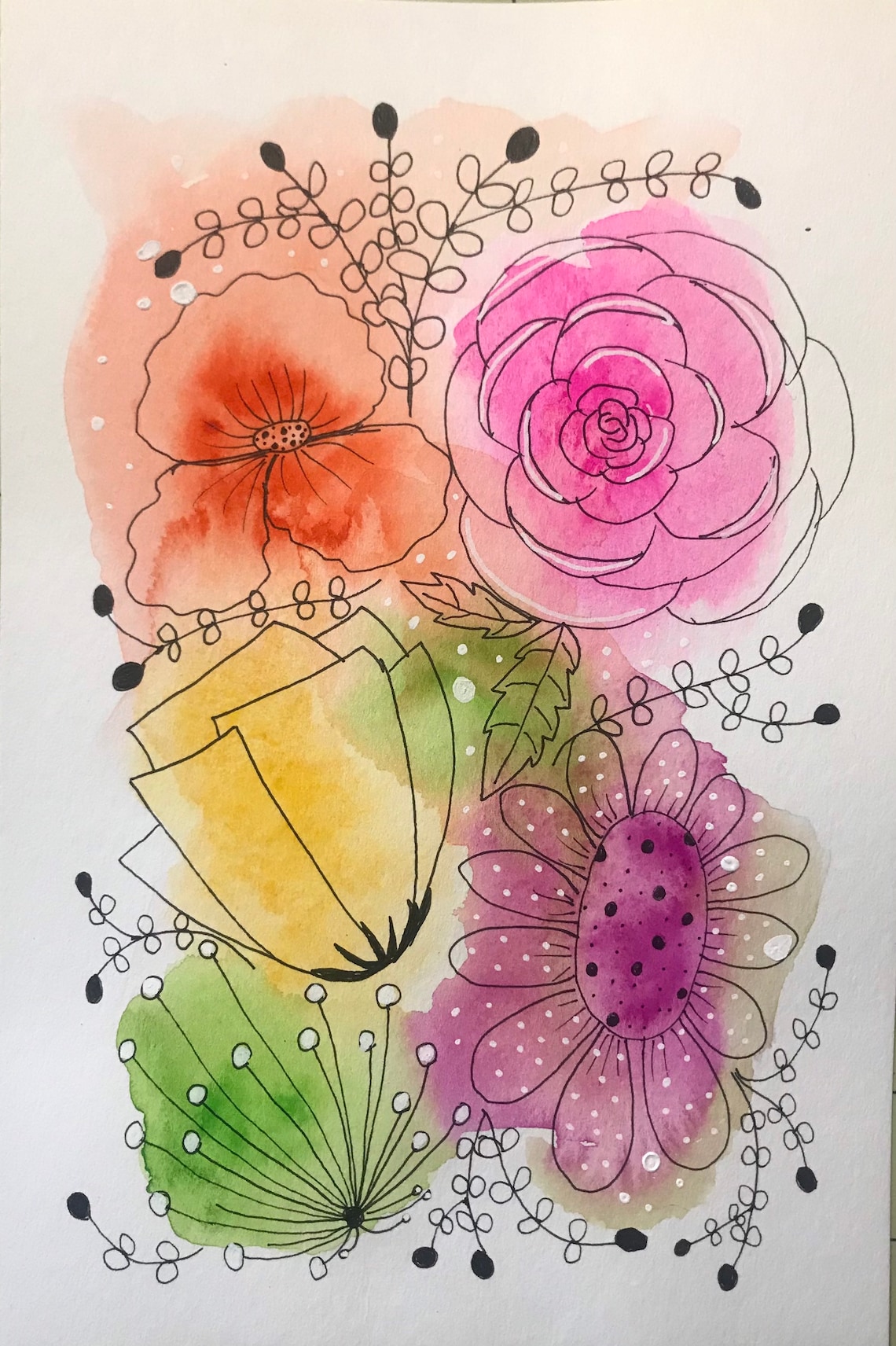 Original Watercolor Flower Doodle Bright Spring Colors Etsy UK