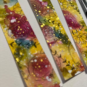 Set of 3 Intuitive Floral Bookmarks – Hand-Painted Watercolor Originals – Metallic Gold, Ribbon Embellishment – Gift for Readers & Artists