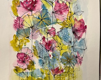 Floral Doodle Abstract Line and Wash Watercolor Original