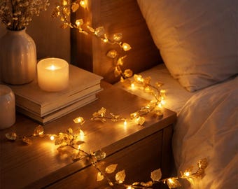 Golden Leaf Fairy String Lights, Warm White LED Garland Vine Décor