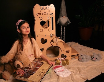 Wooden Kitty Montessori Step Stool Tower: 2-in-1 Desk and Chair, Transforming Furniture