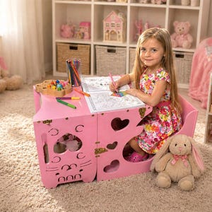 Pink Wooden Kitty Learning DESK And Montessori Step Stool Helper TOWER 2-IN-1