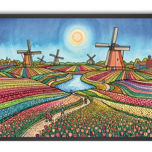 Puede incluir: Una pintura de acuarela enmarcada representa un vibrante paisaje holandés. La obra de arte muestra coloridos campos de tulipanes, molinos de viento, un río y un sol brillante. La escena incluye un camino con gente caminando.