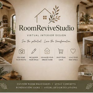 May include: A promotional graphic for RoomReviveStudio featuring a house and leaf logo, the text Virtual Interior Design, and five icons representing the process: camera, pencil, house, shopping cart, and heart, with room interior photos.