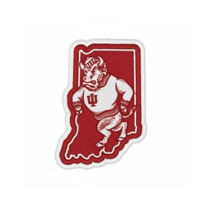 May include: Embroidered patch featuring the Indiana Hoosiers mascot, a red and white cartoon bull, inside a red outline of the state of Indiana. The bull is wearing a white sweater with a red "IU" logo.
