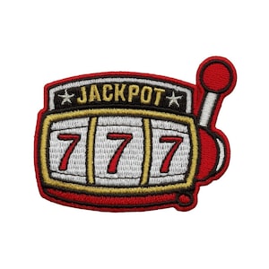 May include: Embroidered patch featuring a red and gold slot machine design with the word "JACKPOT" and three sevens. The patch has a red handle and a white background.