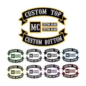 May include: A collection of custom motorcycle patches in various colors. Each patch features the text "CUSTOM TOP" and "CUSTOM BOTTOM" in a banner design. The patches also include an "MC" emblem and space for a custom name.