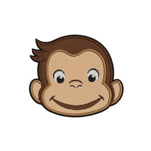 Pode incluir: Patch bordado com o rosto de um macaco sorrindo. O macaco tem pele castanha clara, cabelo e contorno castanho escuro e olhos grandes e expressivos. O patch foi projetado para ser passado a ferro ou costurado em tecido, perfeito para adicionar um toque divertido a roupas ou acessórios.