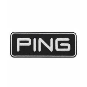 May include: A rectangular black patch with the word "PING" embroidered in white. The patch has a white border and rounded corners. The design is simple and clean, suitable for golf enthusiasts.