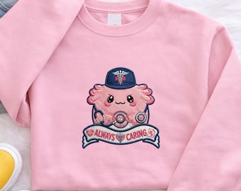 Felpa da infermiera in stile anime – Felpa girocollo ricamata Always Caring Rx, regalo medico kawaii, maglietta per studenti di infermieristica
