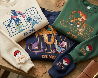 Custom PokaDad Embroidered Shirt, Personalized Dad Name Shirt with Kids Names Sleeve, Anime Father's Day Gift,Birthday Gift For Dad