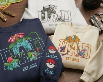 Koszulka z haftem PokaDad, spersonalizowana bluza z postaciami z anime, prezent na dzień ojca z anime, prezent urodzinowy dla taty, bluza z kapturem Pocket Beast