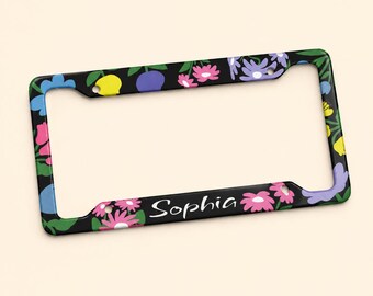 Custom Name Floral Metal Car Front License Plate Frame | Personalized Women Glossy Car Accessories