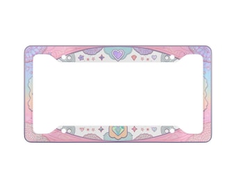 Pastel Colorful Heart Stars Front Back License Plate Frame | Cute Kawaii for Women Car Accessories, Gift for Classic Car Lovers