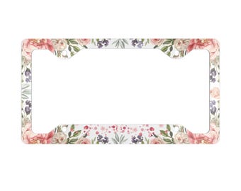 Rosa akvarell blommig framsida i metall med registreringsskylt | Biltillbehör, feminin trädgårdsdesign