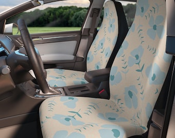 Blue Floral Plush Front Car Seat Covers, Vehicle Protection, Boho Flower Car Lover Gift