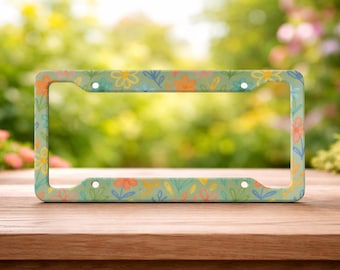 Floral Front Back Metal License Plate Frame | Pastel Flower Car Accessories, Gift for Her