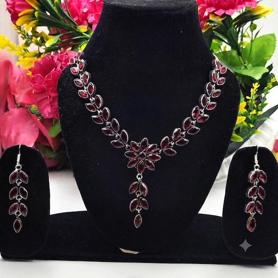 Handmade Red Garnet Gemstone Necklace & Earring Set, 925 Sterling Silver Jewelry" For Gift