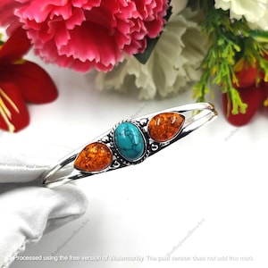 Armband i 925 sterlingsilver med turkos och bärnsten, handgjord design, justerbar manschett