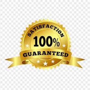 May include: A circular gold emblem with a serrated edge featuring the black text SATISFACTION 100% GUARANTEED. The design includes a central banner across the middle and five small white stars arranged around the perimeter of the gold seal.