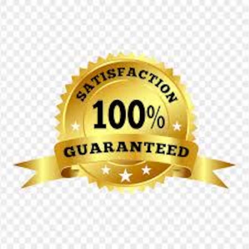 May include: A circular gold emblem with a serrated edge featuring the black text SATISFACTION 100% GUARANTEED. The design includes a central banner across the middle and five small white stars arranged around the perimeter of the gold seal.