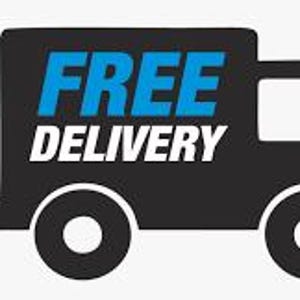 May include: A black graphic icon of a delivery truck facing right with three horizontal motion lines on the left side. The word FREE is printed in blue capital letters above the word DELIVERY in white capital letters on the truck body.