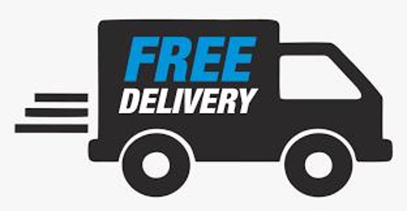 May include: A black graphic icon of a delivery truck facing right with three horizontal motion lines on the left side. The word FREE is printed in blue capital letters above the word DELIVERY in white capital letters on the truck body.