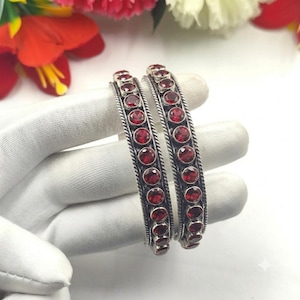 Set of 2 Red Garnet 925 Sterling Silver Gemstone Bangle Jewelry Gifts For Her"