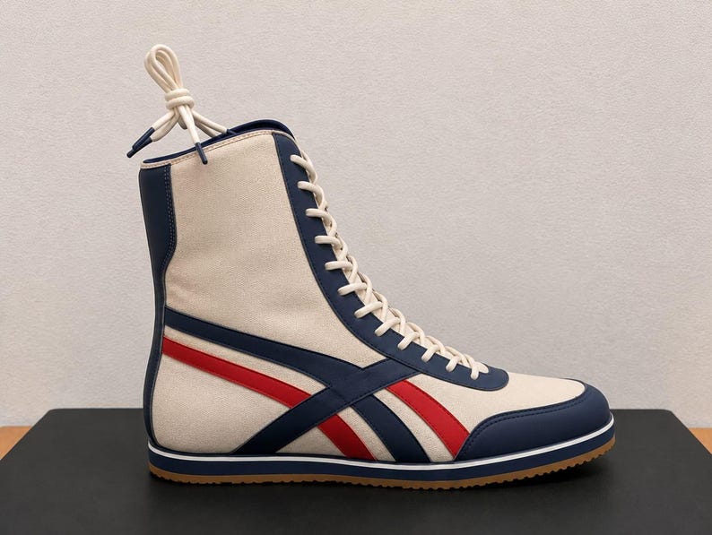 Outer side profile of a white high-top leather boot with blue trim, a red diagonal stripe, white laces, and a flat gum sole.
