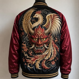 May include: A black and red satin bomber jacket featuring an intricate embroidered design on the back. The embroidery depicts a red horned demon mask centred beneath a large golden phoenix with spread wings, surrounded by small cherry blossoms.