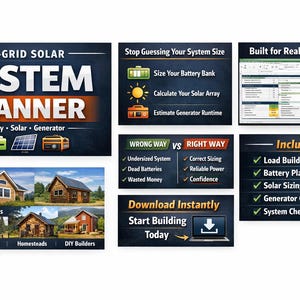 Könnte beinhalten: Werbung für einen Off-Grid-Solaranlagenplaner. Das Bild enthält Text, Grafiken und einen Vergleich der falschen und richtigen Methoden zur Dimensionierung eines Systems. Es zeigt auch Off-Grid-Häuser und listet auf, was der Planer beinhaltet.