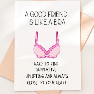 Könnte beinhalten: Grußkarte mit einer rosa BH-Illustration und dem Text "A GOOD FRIEND IS LIKE A BRA. HARD TO FIND, SUPPORTIVE, UPLIFTING AND ALWAYS CLOSE TO YOUR HEART." Die Karte liegt auf einem hellbraunen Umschlag.