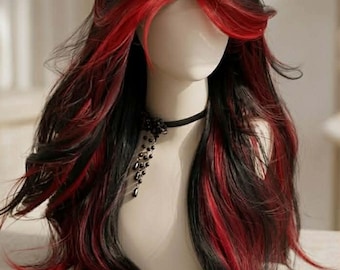 Peluca para mujer, mechas rojas y negras, degradado, raya al medio, flequillo, ondas grandes, estilo punk, cabello largo rizado gótico, peluca de cabeza completa