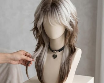 Wig with Mullet Style, Extended Wolf Tail, Youthful Look, White-Brown Gradient, Jellyfish Curls, Realistic Hair, Natural High-End Full Wig