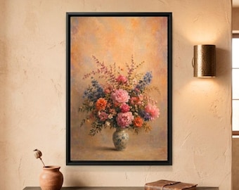 Floral Vase Canvas Print, Framed Flower Bouquet Wall Art, Textured Vase with Flowers Living Room Decor, Large Vertical Country Wall Decor