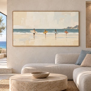 May include: A rectangular wall art print featuring an oil painting of four individuals walking along a sandy beach toward the ocean, each carrying a surfboard. The color palette consists of soft beige, cream, and muted blue tones with visible brushstrokes.