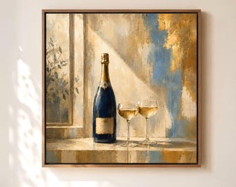 Blue Champagne Bottle Canvas Wall Art, Bar Wall Decor, Square Textured Beverage Wall Print, Framed Kitchen Decor, Large Restaurant Wall Art