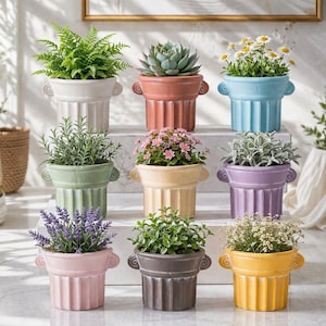 May include: A collection of colorful ceramic planters, each filled with different plants and flowers. The planters are in various pastel colors, including white, pink, blue, and yellow. The plants include ferns, succulents, and flowering plants.