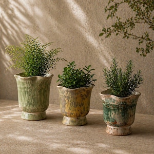 May include: Three decorative ceramic planters with scalloped rims, each holding a different green plant. The planters have a distressed, aged appearance with shades of green, yellow, and brown. They sit on a pedestal base.