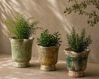 Rustic Ceramic Plant Pot, Distressed Planter, Petal Shaped Pot, Textured Sage Green Planter with Drainage, Country Style Home Decor Gift