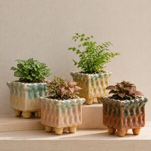 Small Ceramic Ice Crackle Glaze Planter, Square Succulent Pot, Footed Plant Pots with Drainage Hole, Handmade Pot for Cactus, Gift for Her