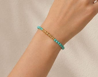 Turquoise Bead Bracelet, Gold Accent Bracelet, Beaded Boho Bracelet 3mm, Gemstone Bracelet for Women, Dainty Jewelry, Birthday Gift for Her