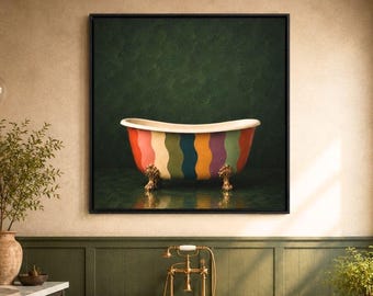 Colorful Clawfoot Bathtub Wall Art,  Abstract Bathroom Canvas Print, Freestanding Tub with Forest Green Wall Art Print, Modern Home Decor