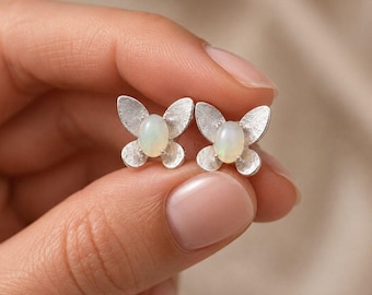 Opal Butterfly Stud Earrings, Sterling Silver Butterfly Earrings, Elegant Minimalist Jewelry, Nature Inspired Earrings, Dainty Gift for Her
