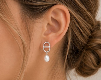 Pearl Drop Earrings in Sterling Silver, Elegant Dangle Earrings for Women, Modern Push Back Pearl Studs, Minimalist Geometric Earrings Gift