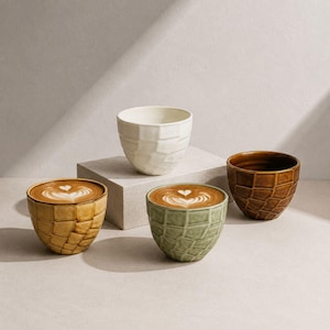 May include: Four ceramic coffee cups with a textured, geometric design. Two cups contain coffee with latte art. The cups are in shades of cream, green, brown, and tan. The cups are on a neutral background.