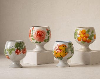 Handmade Ceramic Goblet Mug, Flower & Fruit Design Ice Cream Mug, Footed Coffee Cup, Dessert Bowl, Cottagecore Kitchen Decor, Pottery Gifts