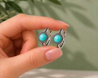 Turquoise Hoop Earrings, Sterling Silver Boho Earrings, Round Light Blue Gemstone Huggie Hoops, Rustic Earrings for Her, Statement Jewelry