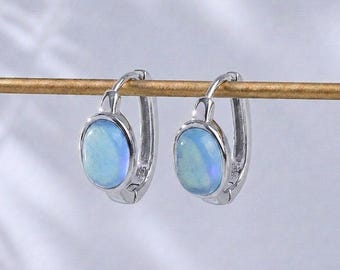 Aquamarine Sterling Silver Earrings, Rectangle Hoop Earrings with Blue Gemstone, Minimalist Aquamarine Jewelry for Women, Gift for Mom