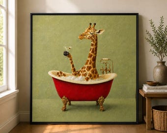 Relaxed Giraffe Bathtub Canvas Print, Whimsical Animal Wall Art, Eclectic Bathroom Decor, Red Clawfoot Tub Art Home Decor, Modern Canvas Art